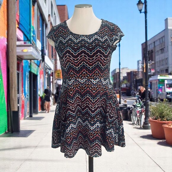Tribal Chevron Mini Dress Cap Sleeve Fit And Flare Boho Festival Indie Y2K - Picture 1 of 10